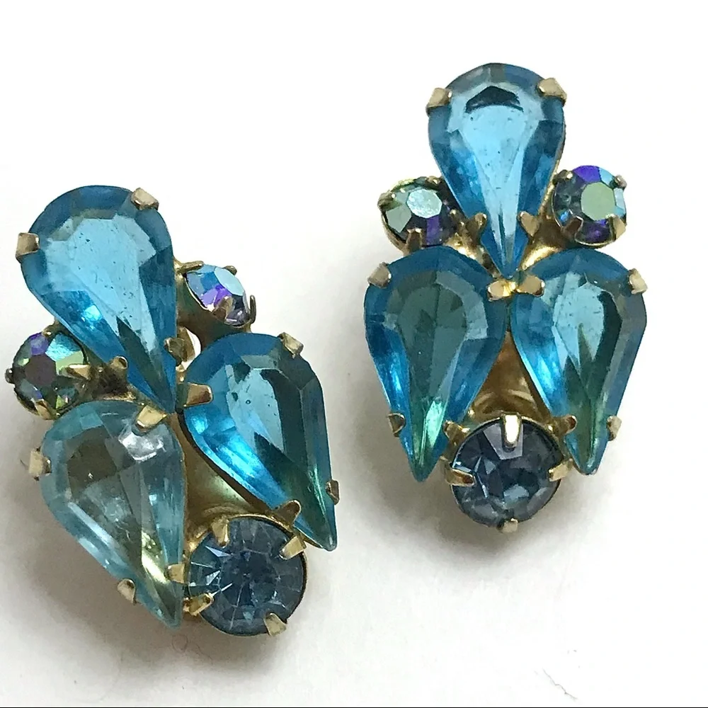 Liquid Blue Vintage Rhinestone Earrings  Jewelry